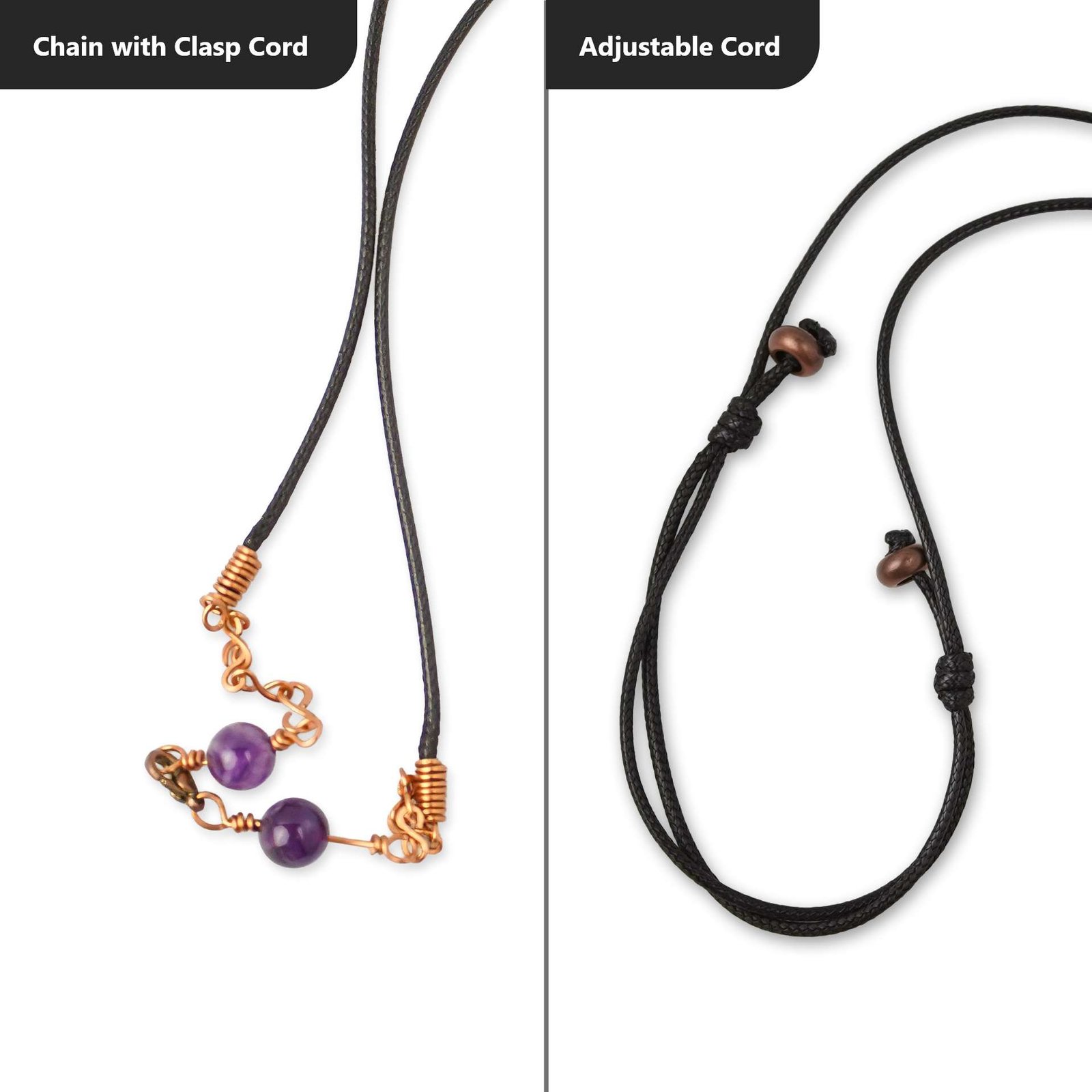 Comparison of chain and adjustable cord styles for triskelion energy necklace