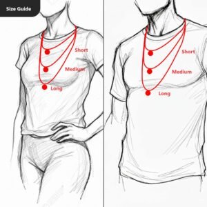 Necklace length reference showing short, medium, and long sizes for copper energy jewelry