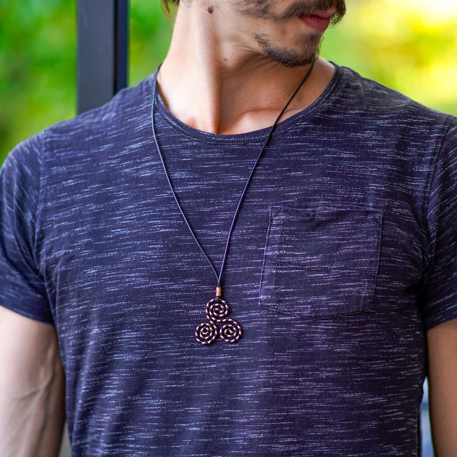 Copper jewelry for men — Black Spiral triskelion energy necklace for grounding and confidence